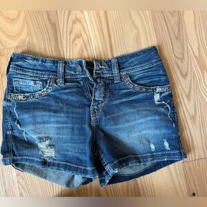 Silver Distressed Blue Denim Shorts